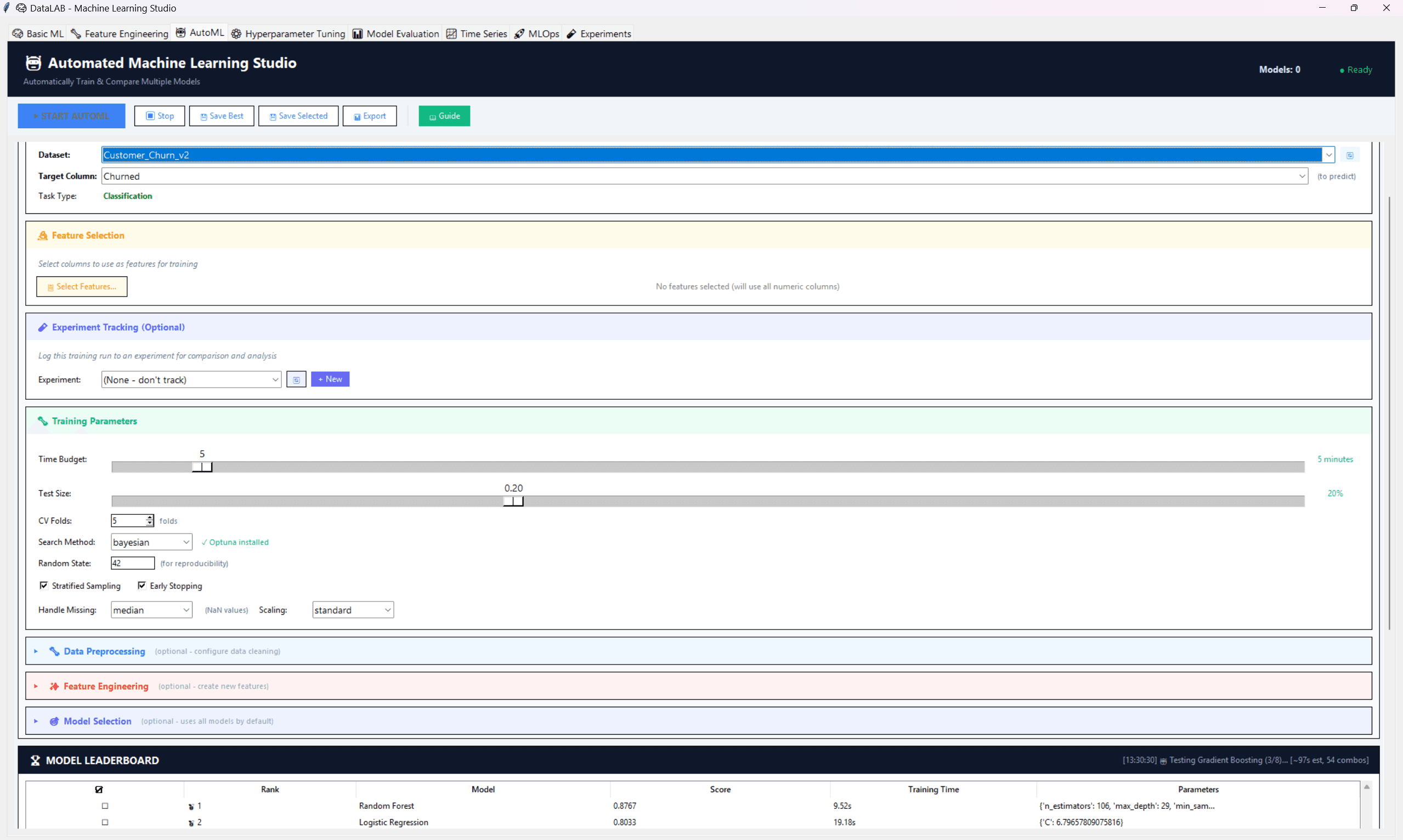 DataLAB AutoML view with training parameters and model leaderboard.