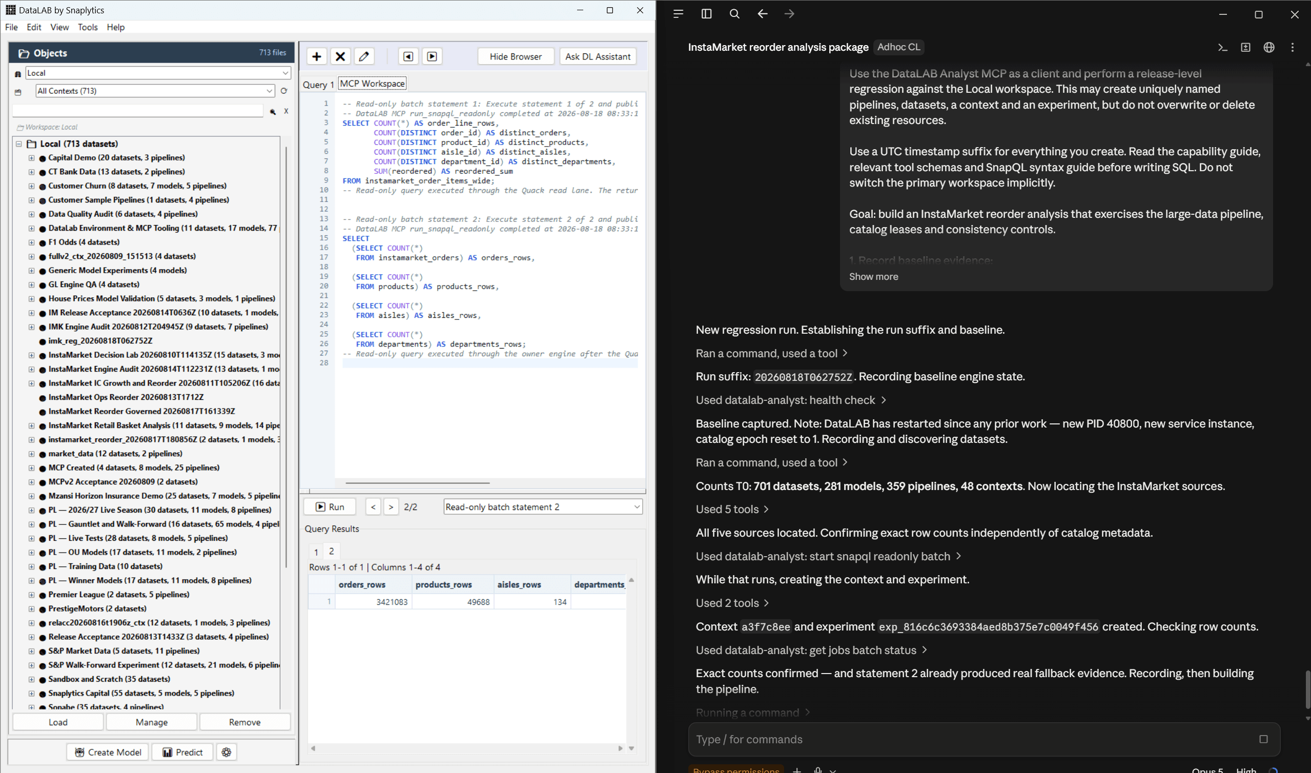 An AI client using the DataLAB Analyst MCP while DataLAB displays the generated SQL and query results in its desktop workspace.