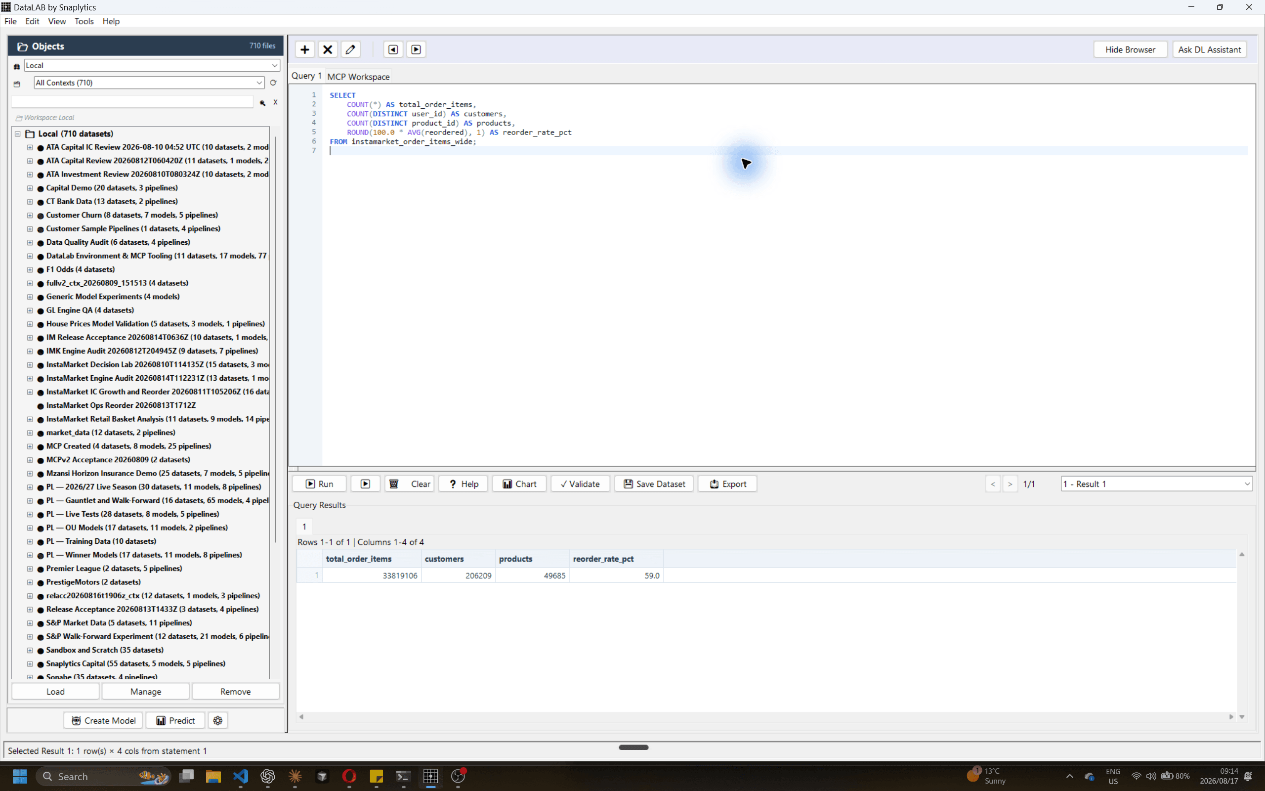 DataLAB main workspace with query editor, dataset browser, and result grid.