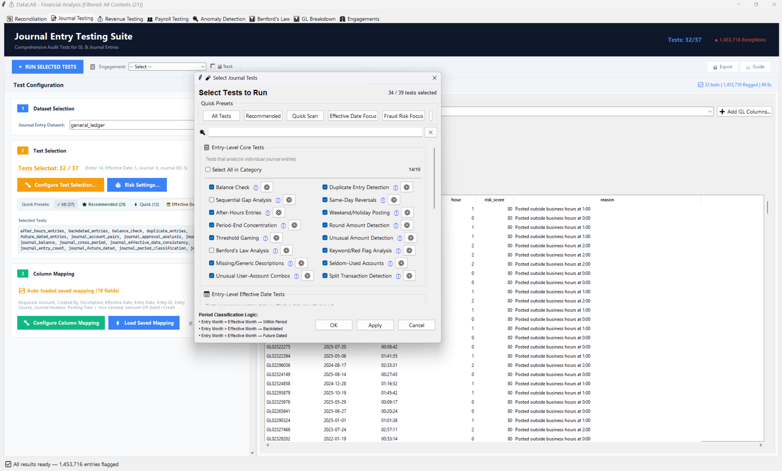 DataLAB journal testing screen with test selection and flagged entries.