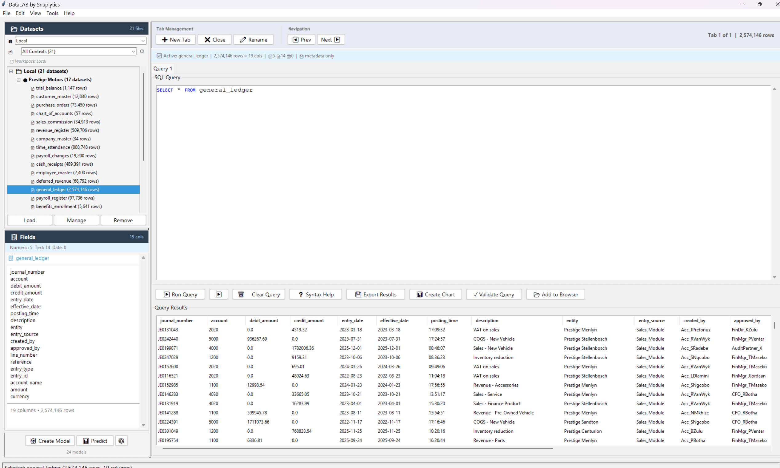 DataLAB main workspace with query editor, dataset browser, and result grid.